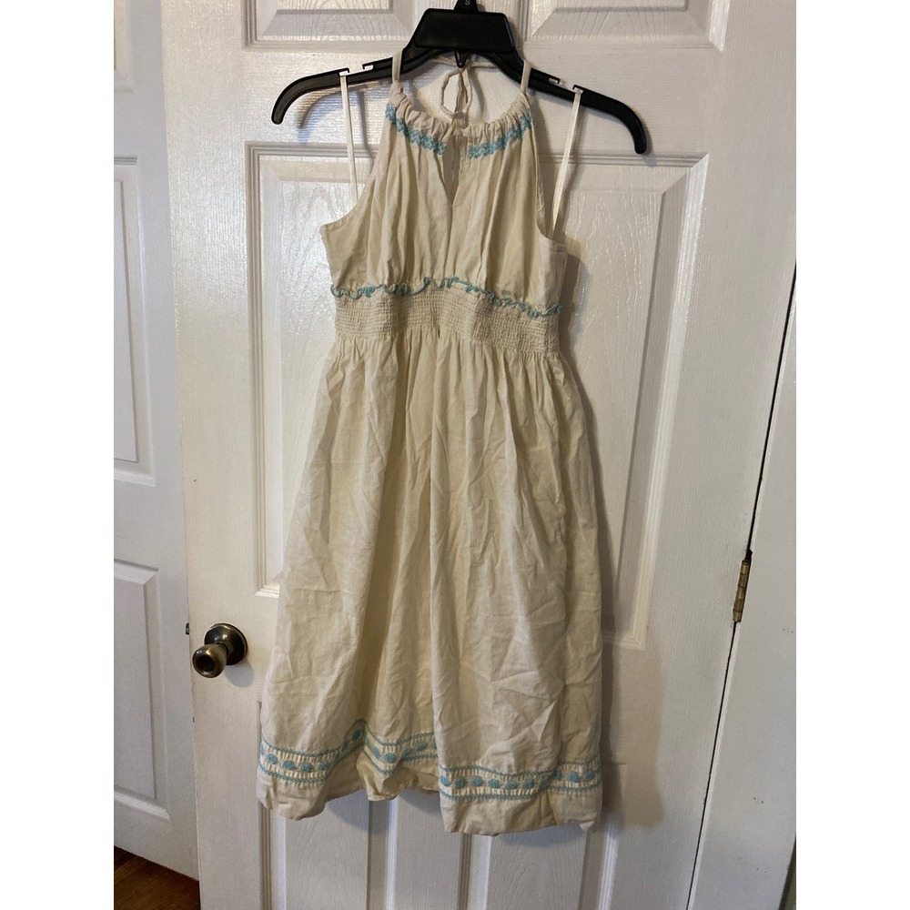 Old Navy Halter Midi Dress Cream Blue Embroidered Smocked Waist Boho Womens M